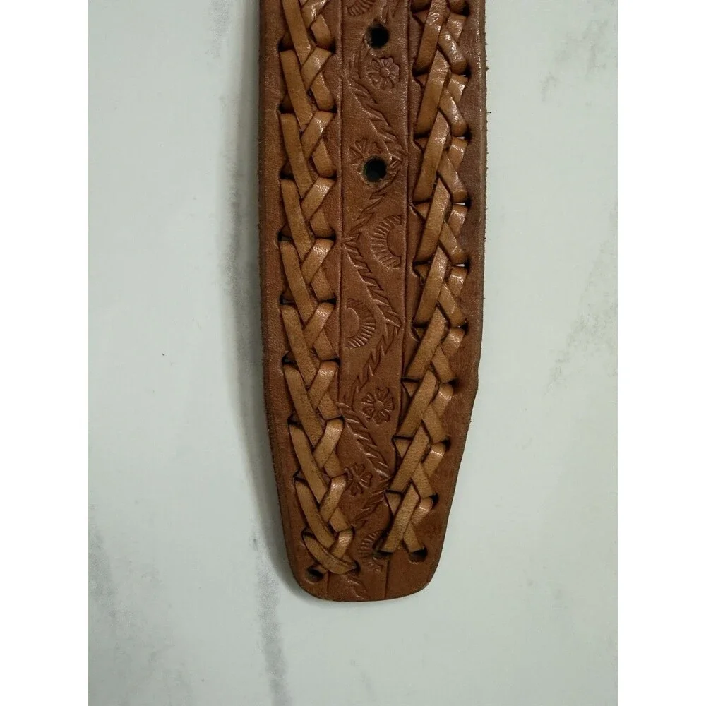 Vintage Hand Tooled Leather Belt Rose Oval Buckle Braided Western Boho Size 36